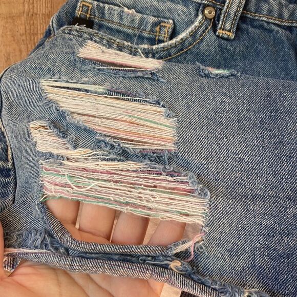 KanCan Pastel/rainbow Thread High Rise Distressed Cotton Frayed Hem Denim Shorts - Picture 4 of 16